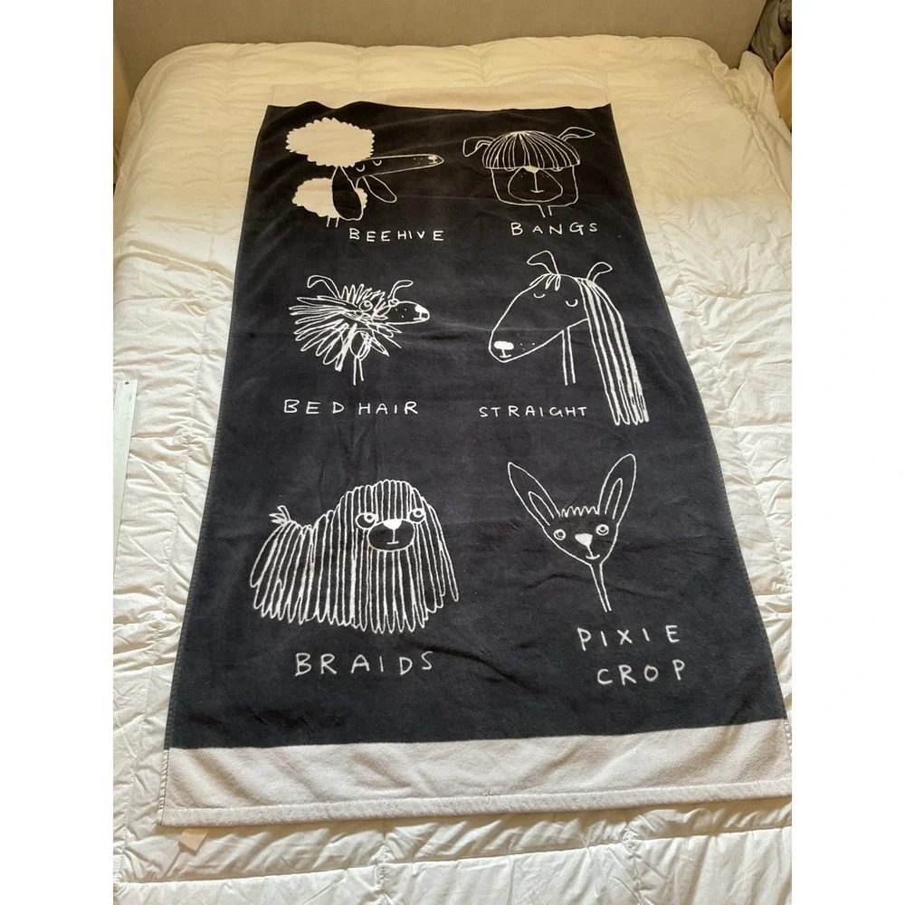 Pottery Barn Teen Beach Towel Dog Humor Hairstyle Bangs Whimsical Designs Blue